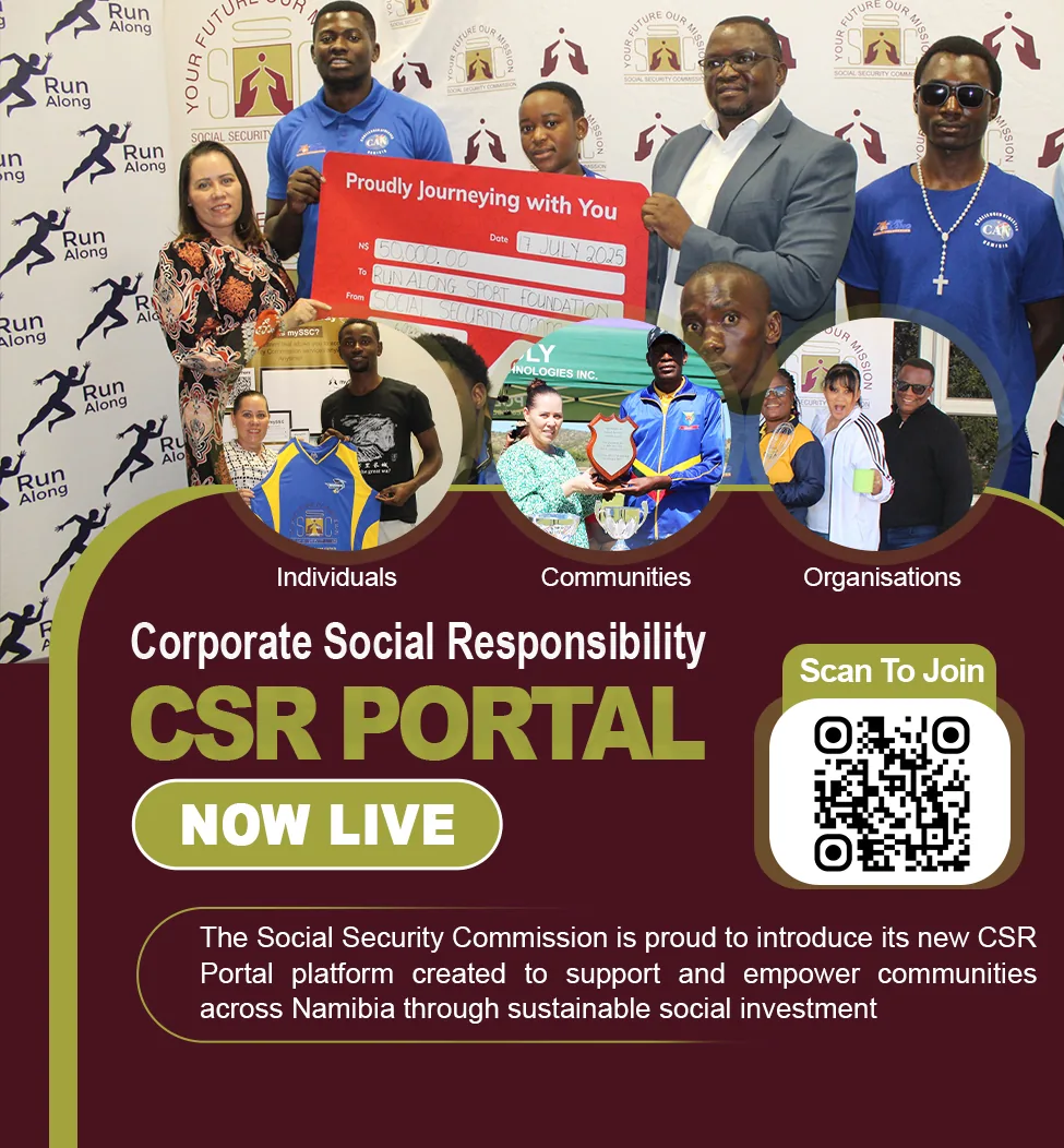 Corporate Social Responsibility CSR Portal is now live. The Social Security Commission's new platform supports and empowers individuals, communities and organisations across Namibia through sustainable social investment. Scan the QR code on the banner to join.